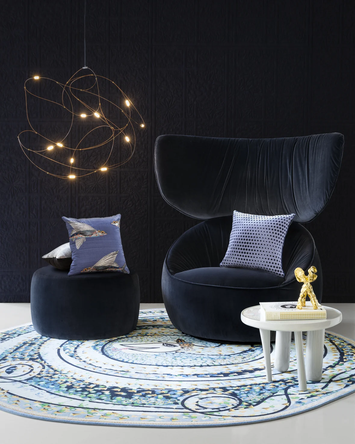 Flying Coral Fish Pillow in Hana Wingback armchair